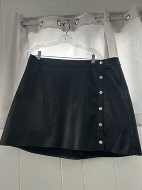 Bar III Black Faux Leather Mini Skirt with Snap Buttons